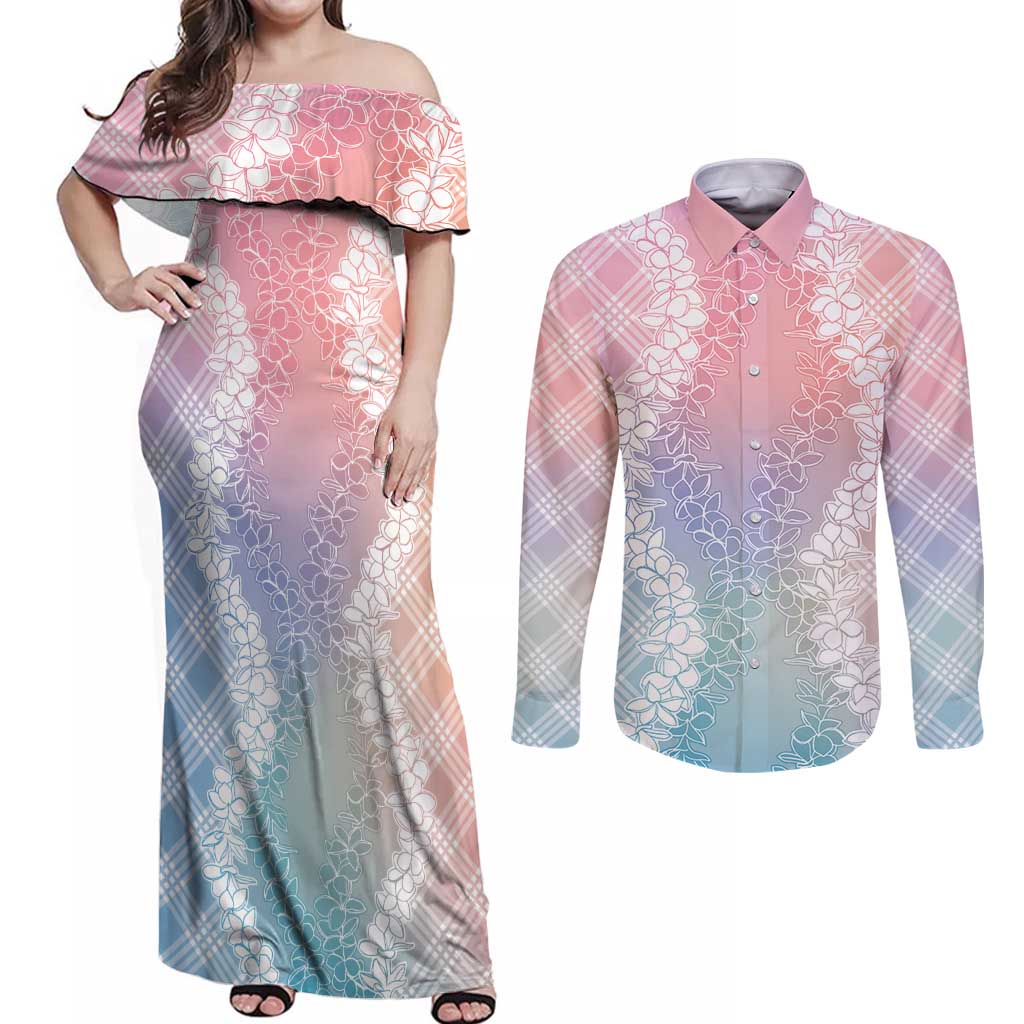 Hawaii Aloha Plumeria Lei Pastel Candy Palaka Couples Matching Off Shoulder Maxi Dress and Long Sleeve Button Shirt - Polynesian Pride