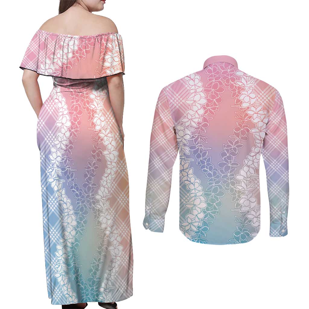 Hawaii Aloha Plumeria Lei Pastel Candy Palaka Couples Matching Off Shoulder Maxi Dress and Long Sleeve Button Shirt - Polynesian Pride