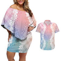 Hawaii Aloha Plumeria Lei Pastel Candy Palaka Couples Matching Off Shoulder Short Dress and Hawaiian Shirt - Polynesian Pride
