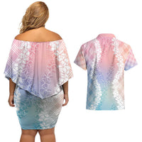 Hawaii Aloha Plumeria Lei Pastel Candy Palaka Couples Matching Off Shoulder Short Dress and Hawaiian Shirt - Polynesian Pride