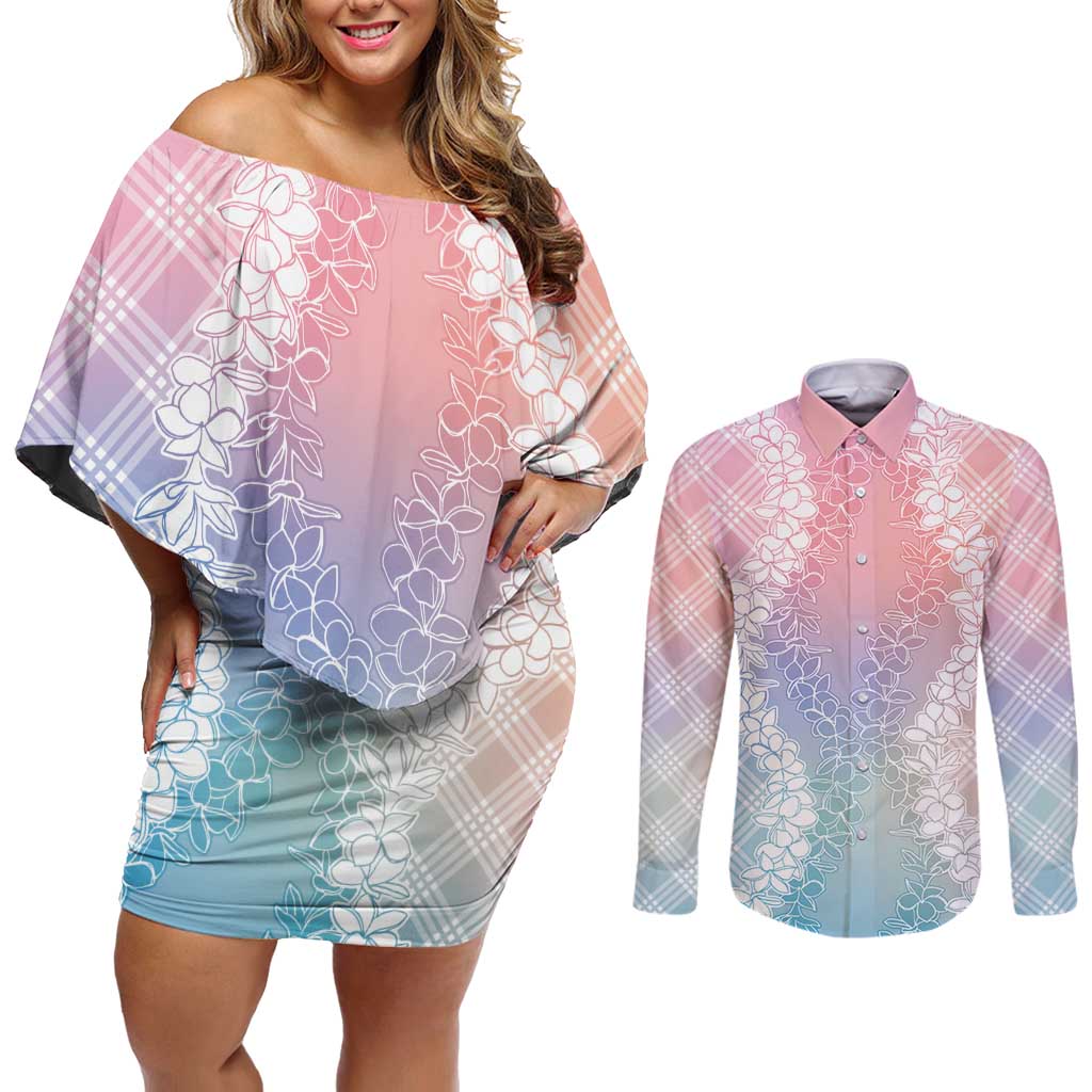 Hawaii Aloha Plumeria Lei Pastel Candy Palaka Couples Matching Off Shoulder Short Dress and Long Sleeve Button Shirt - Polynesian Pride