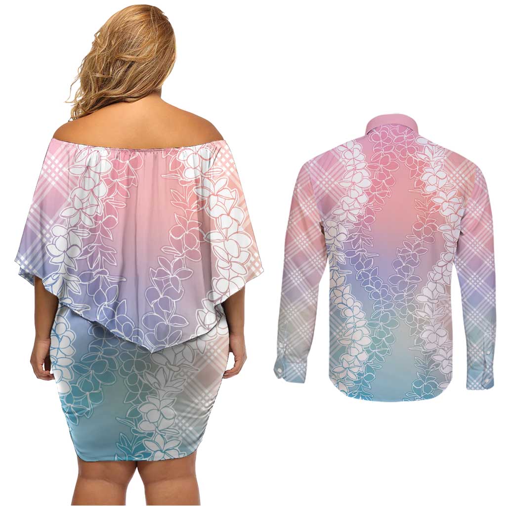 Hawaii Aloha Plumeria Lei Pastel Candy Palaka Couples Matching Off Shoulder Short Dress and Long Sleeve Button Shirt - Polynesian Pride
