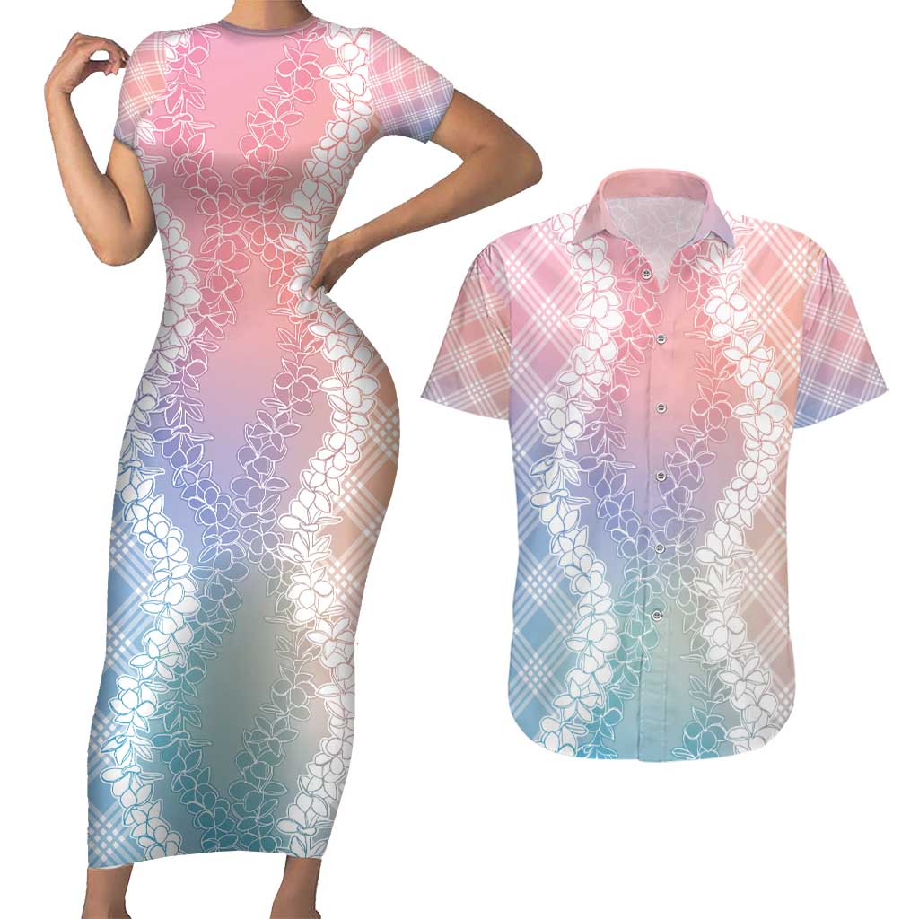 Hawaii Aloha Plumeria Lei Pastel Candy Palaka Couples Matching Short Sleeve Bodycon Dress and Hawaiian Shirt - Polynesian Pride