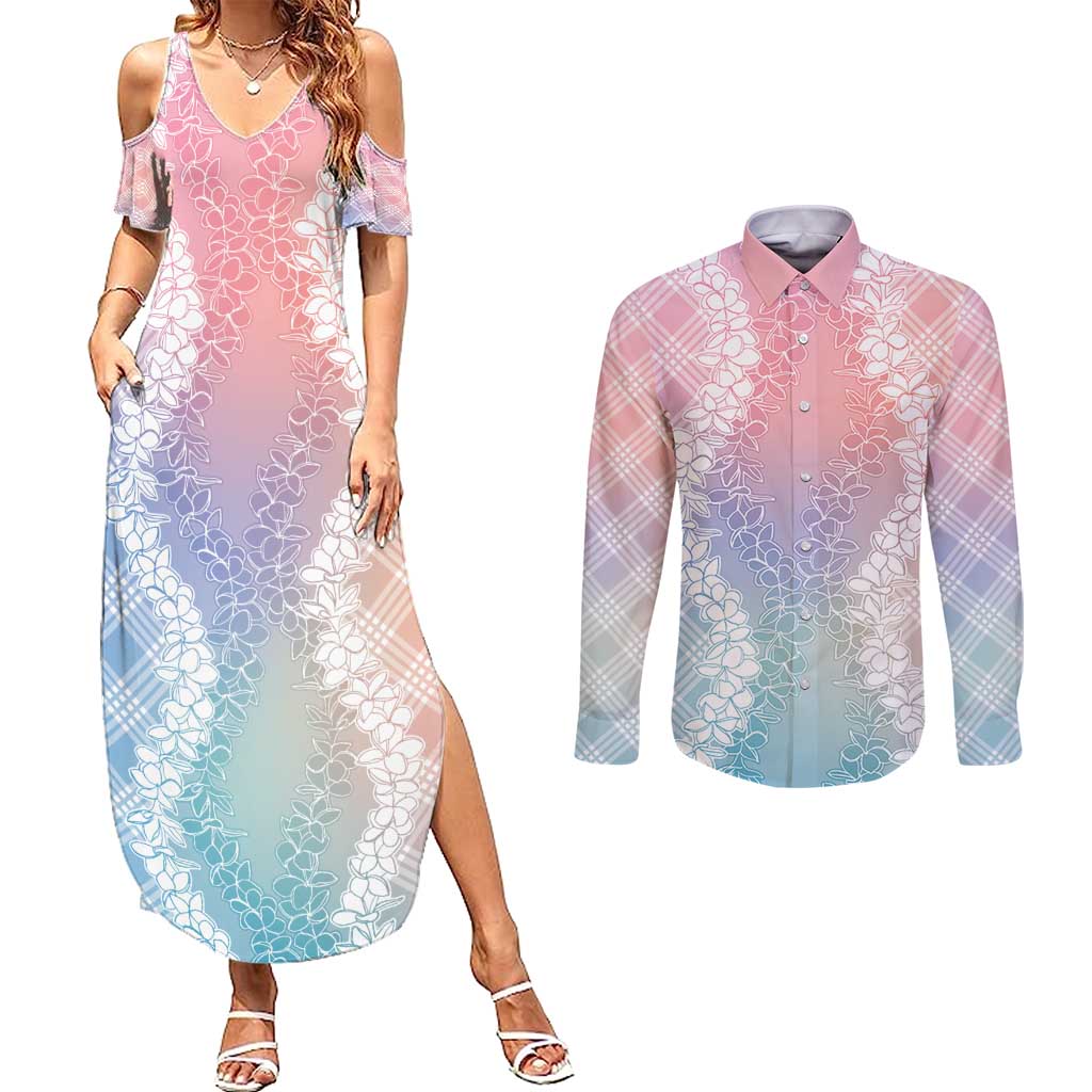 Hawaii Aloha Plumeria Lei Pastel Candy Palaka Couples Matching Summer Maxi Dress and Long Sleeve Button Shirt - Polynesian Pride