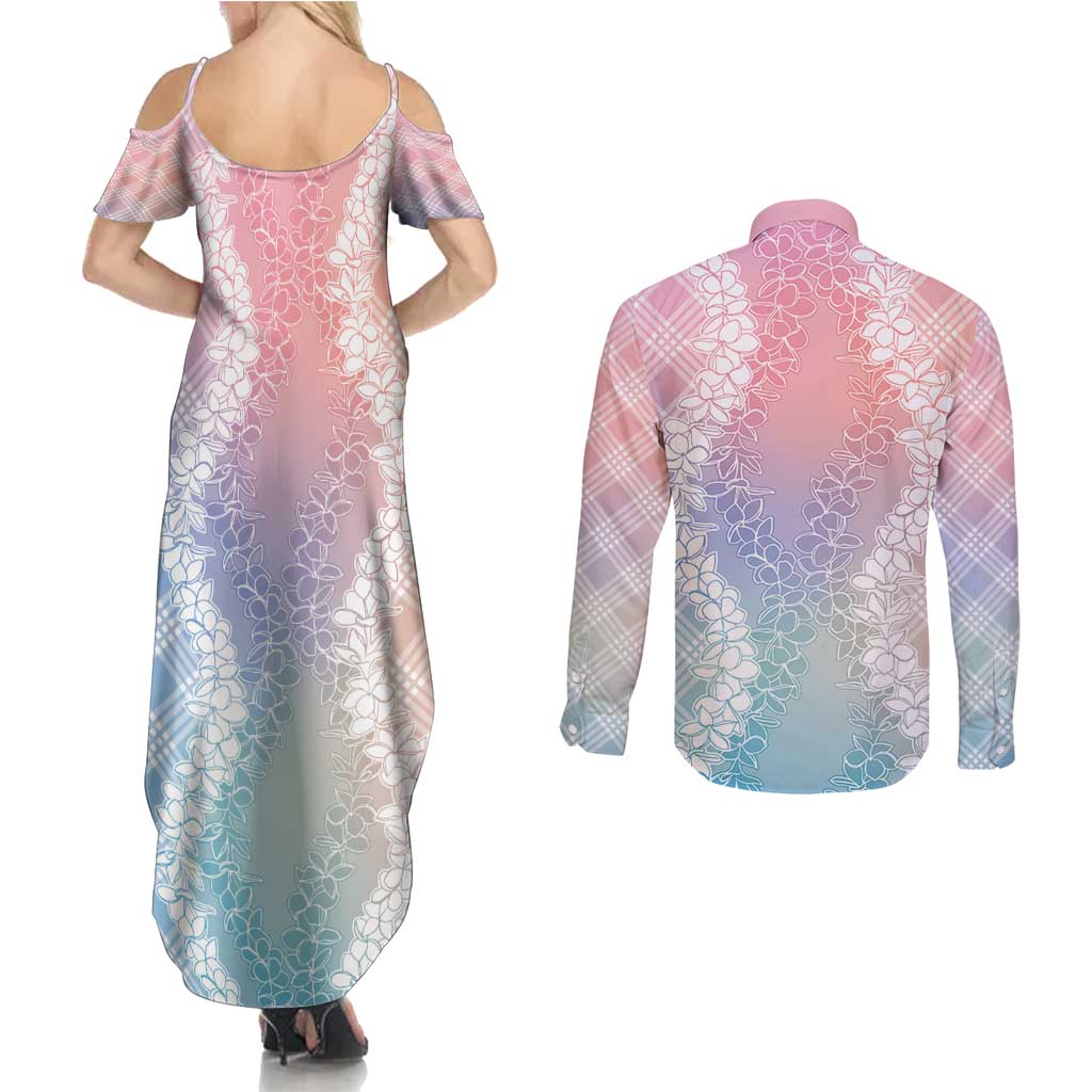 Hawaii Aloha Plumeria Lei Pastel Candy Palaka Couples Matching Summer Maxi Dress and Long Sleeve Button Shirt - Polynesian Pride
