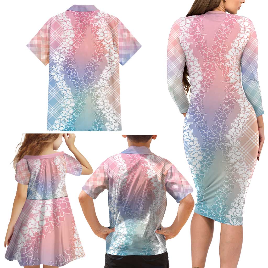 Hawaii Aloha Plumeria Lei Pastel Candy Palaka Family Matching Long Sleeve Bodycon Dress and Hawaiian Shirt - Polynesian Pride