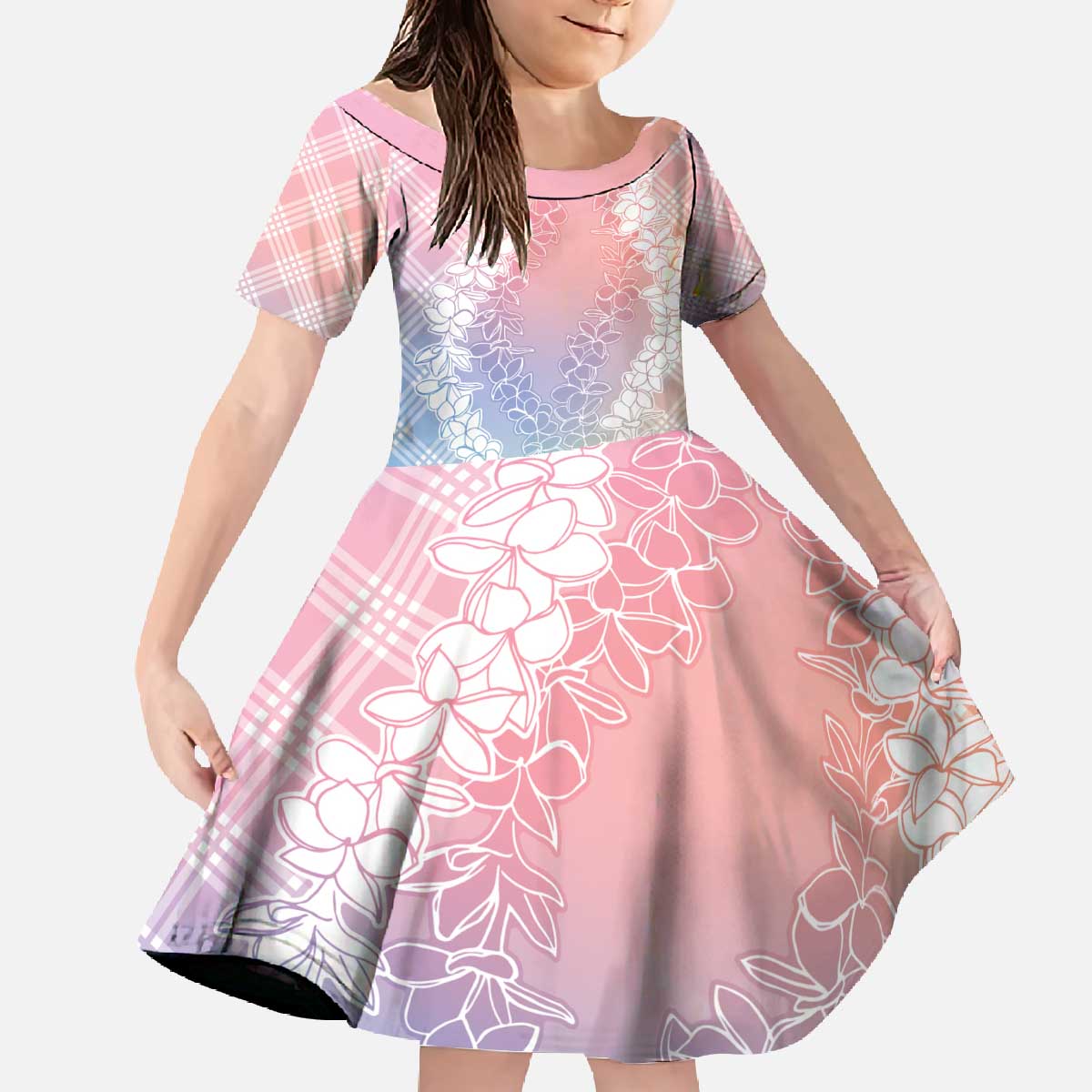 Hawaii Aloha Plumeria Lei Pastel Candy Palaka Family Matching Off The Shoulder Long Sleeve Dress and Hawaiian Shirt - Polynesian Pride