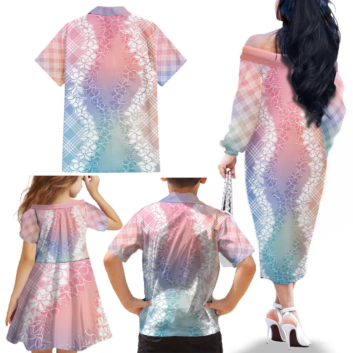Hawaii Aloha Plumeria Lei Pastel Candy Palaka Family Matching Off The Shoulder Long Sleeve Dress and Hawaiian Shirt - Polynesian Pride