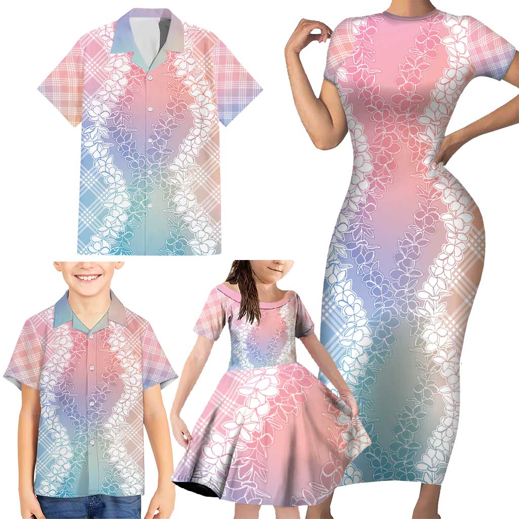 Hawaii Aloha Plumeria Lei Pastel Candy Palaka Family Matching Short Sleeve Bodycon Dress and Hawaiian Shirt - Polynesian Pride