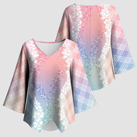 Hawaii Aloha Plumeria Lei Pastel Candy Palaka Kimono Sleeve Blouse - Polynesian Pride