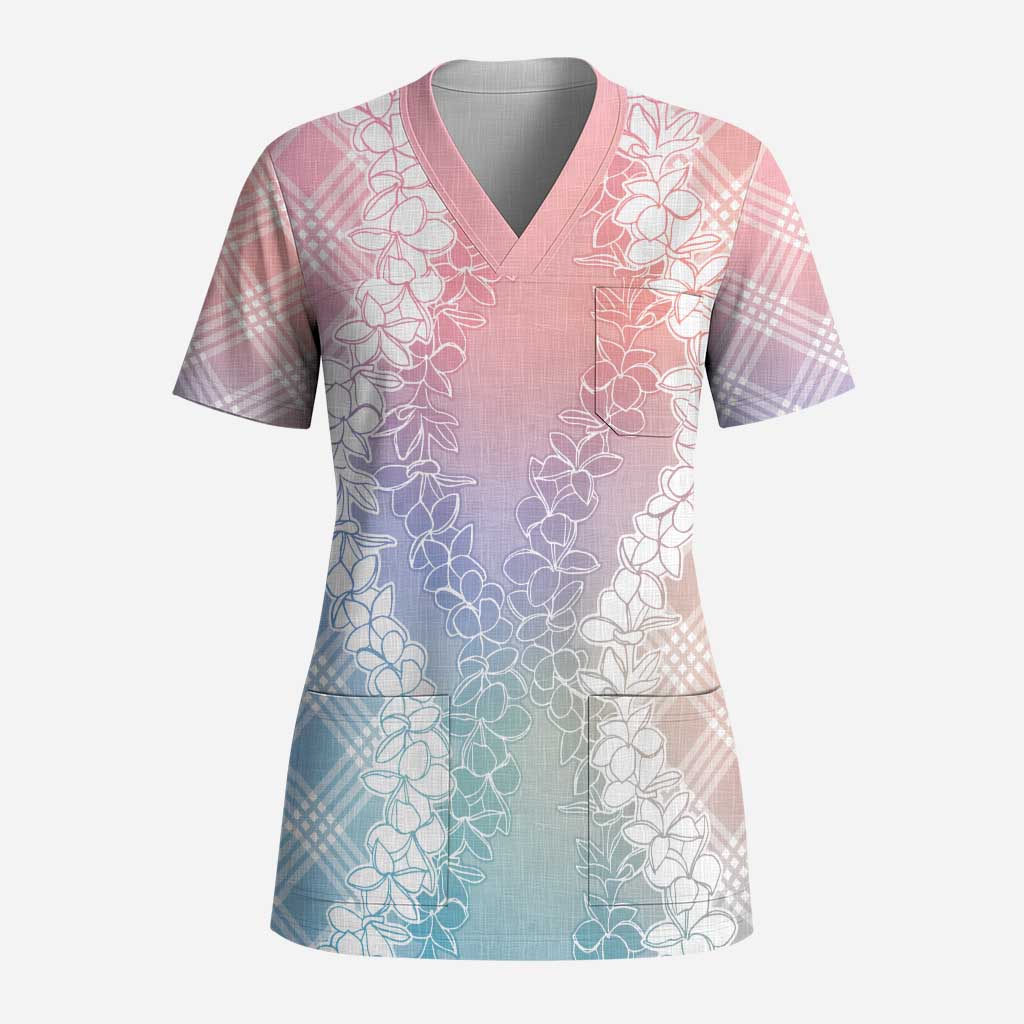 Hawaii Aloha Plumeria Lei Pastel Candy Palaka Scrub Top - Polynesian Pride