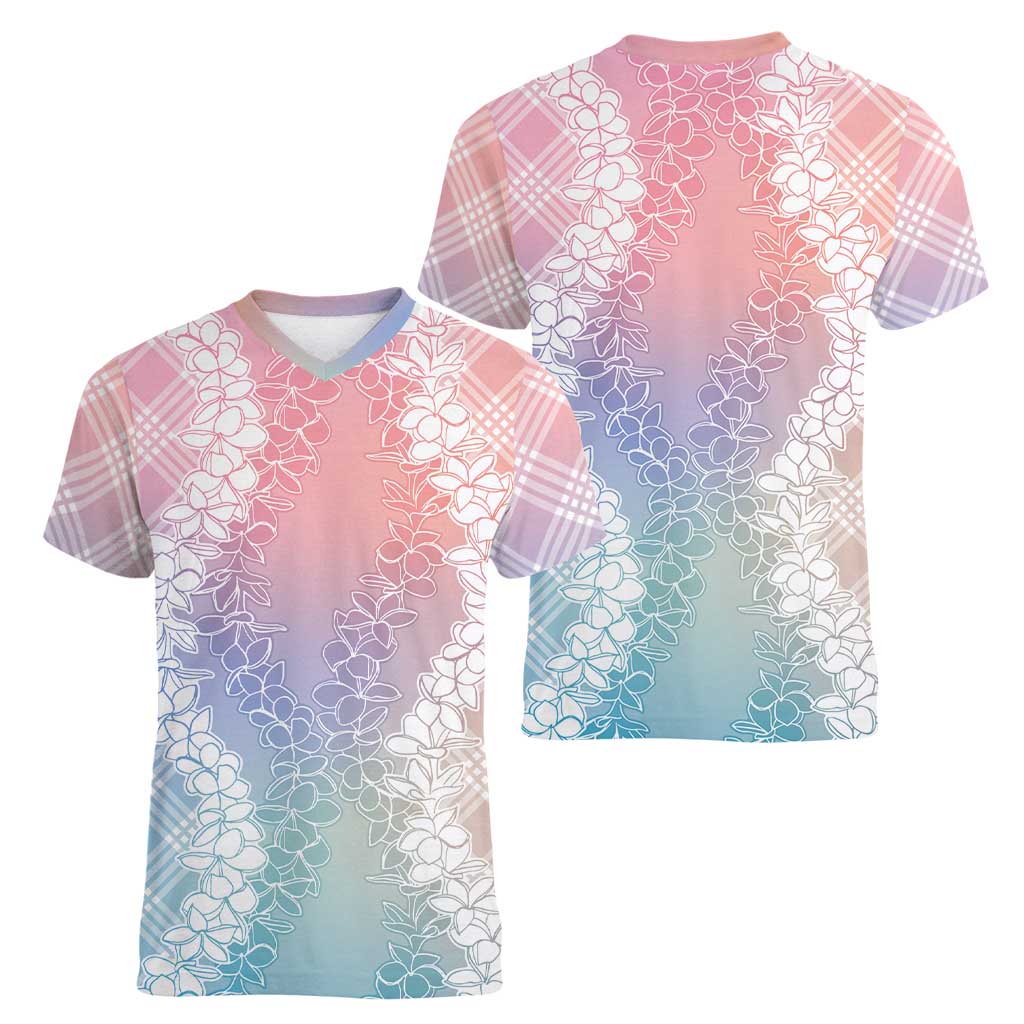 Hawaii Aloha Plumeria Lei Pastel Candy Palaka Women V-Neck T-Shirt - Polynesian Pride
