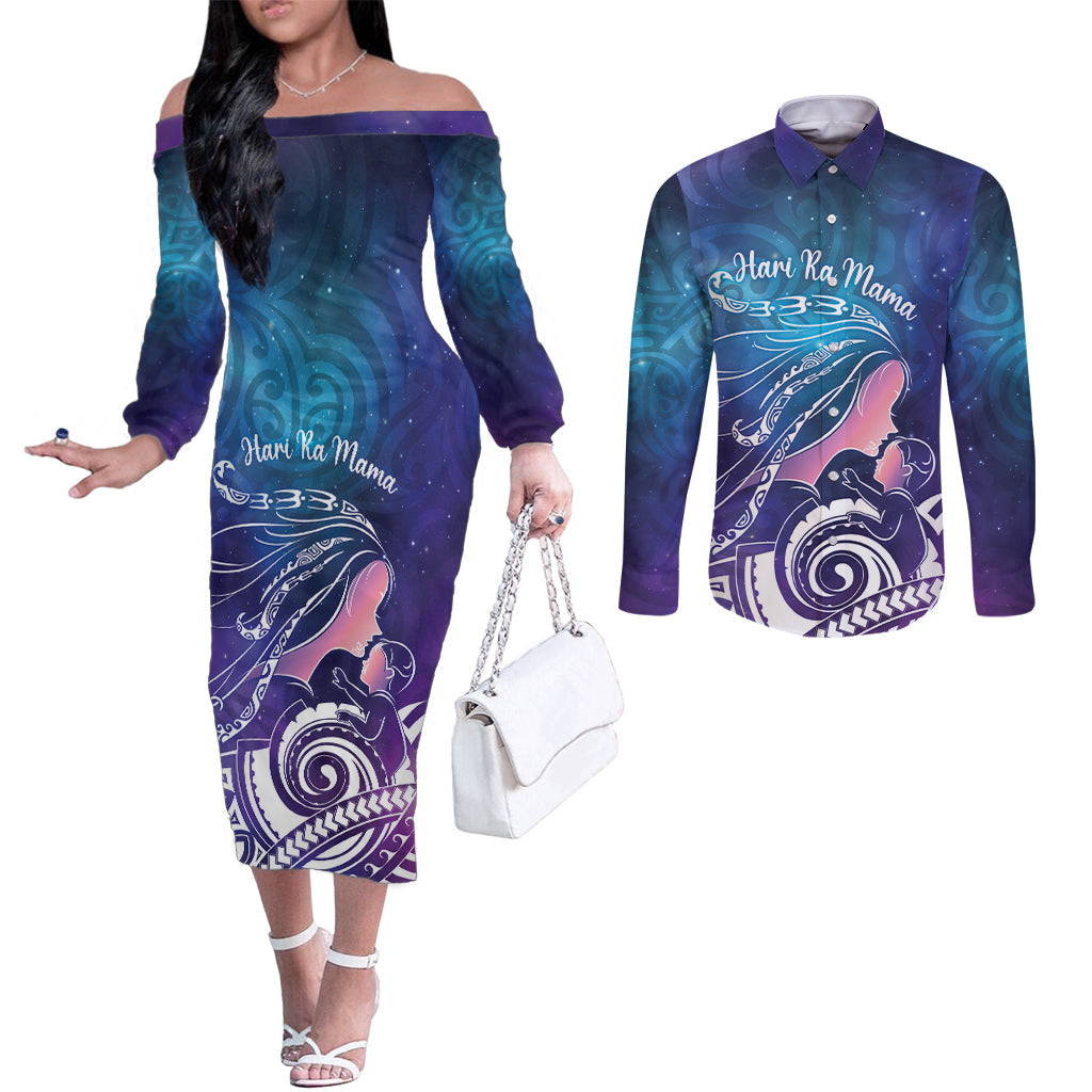 New Zealand Mother's Day Couples Matching Off The Shoulder Long Sleeve Dress and Long Sleeve Button Shirt Maori Hari Ra Mama