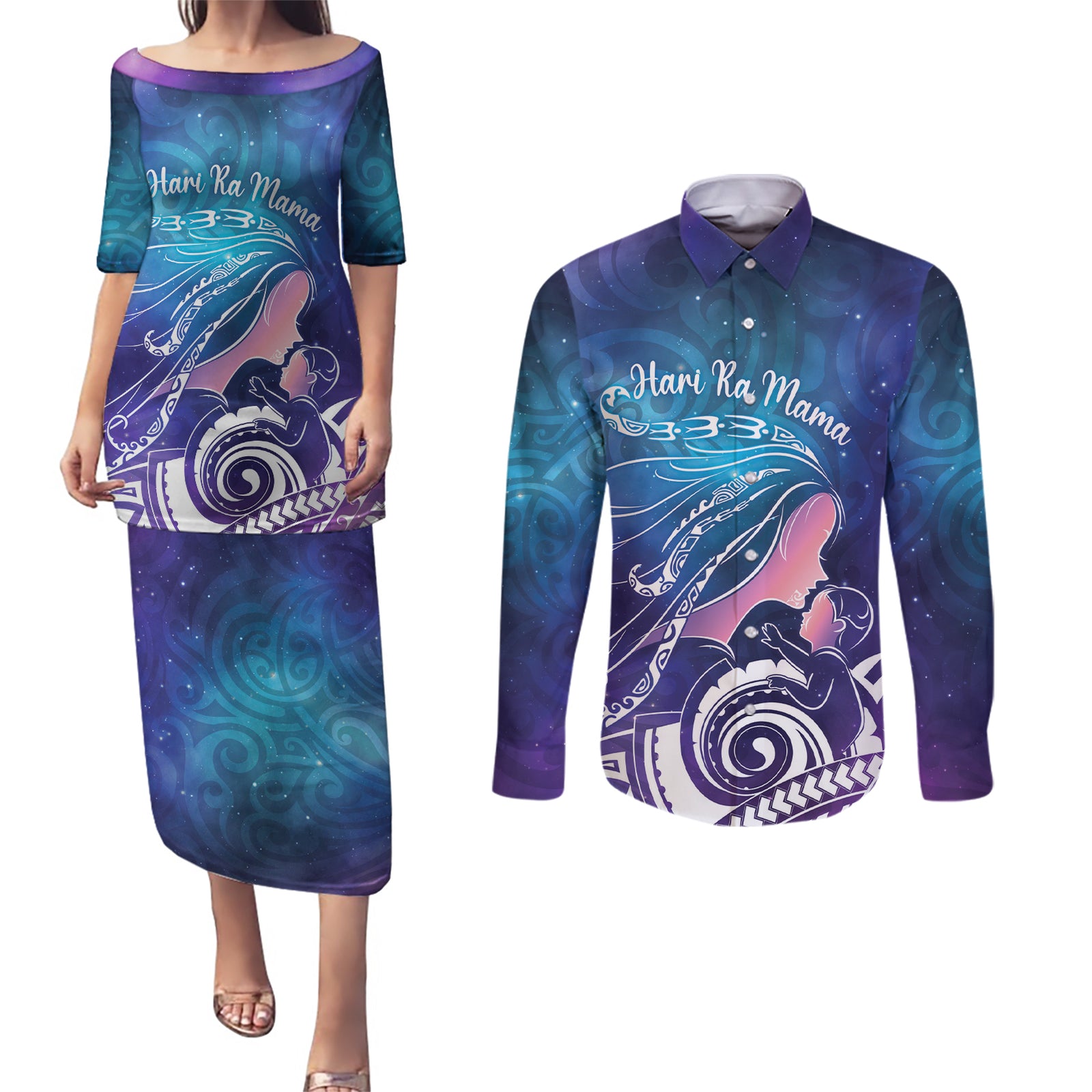 New Zealand Mother's Day Couples Matching Puletasi and Long Sleeve Button Shirt Maori Hari Ra Mama