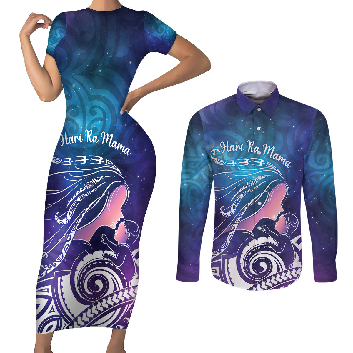 New Zealand Mother's Day Couples Matching Short Sleeve Bodycon Dress and Long Sleeve Button Shirt Maori Hari Ra Mama