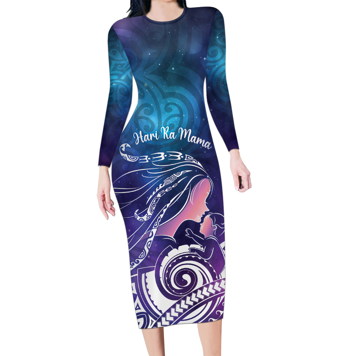New Zealand Mother's Day Family Matching Long Sleeve Bodycon Dress and Hawaiian Shirt Maori Hari Ra Mama LT7 Mom's Dress Galaxy - Polynesian Pride