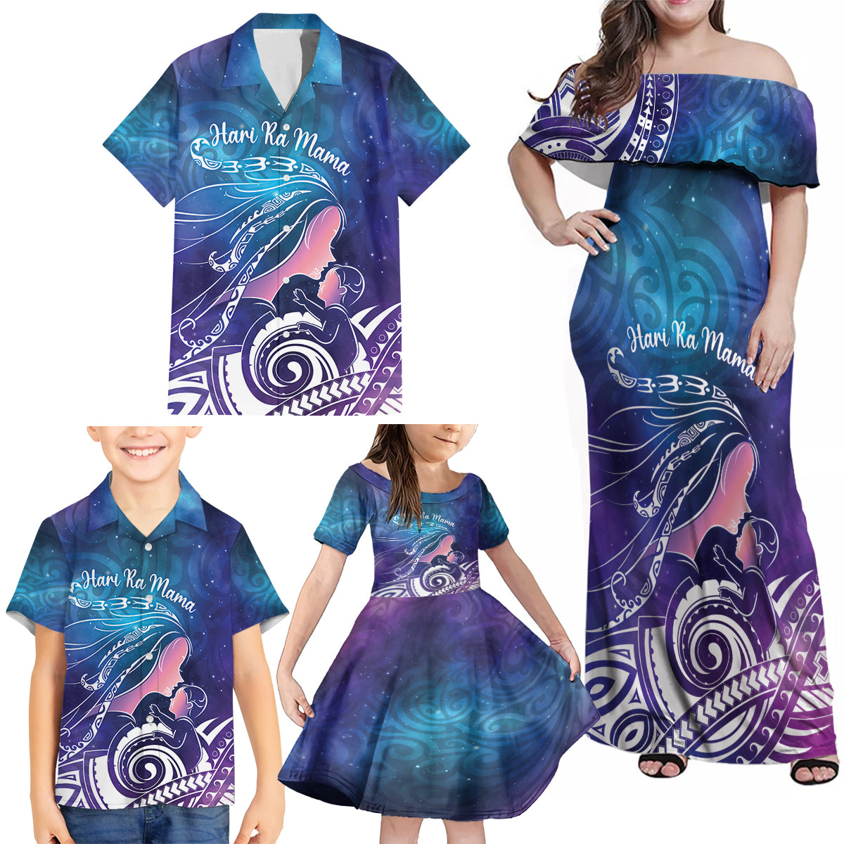 New Zealand Mother's Day Family Matching Off Shoulder Maxi Dress and Hawaiian Shirt Maori Hari Ra Mama LT7 - Polynesian Pride