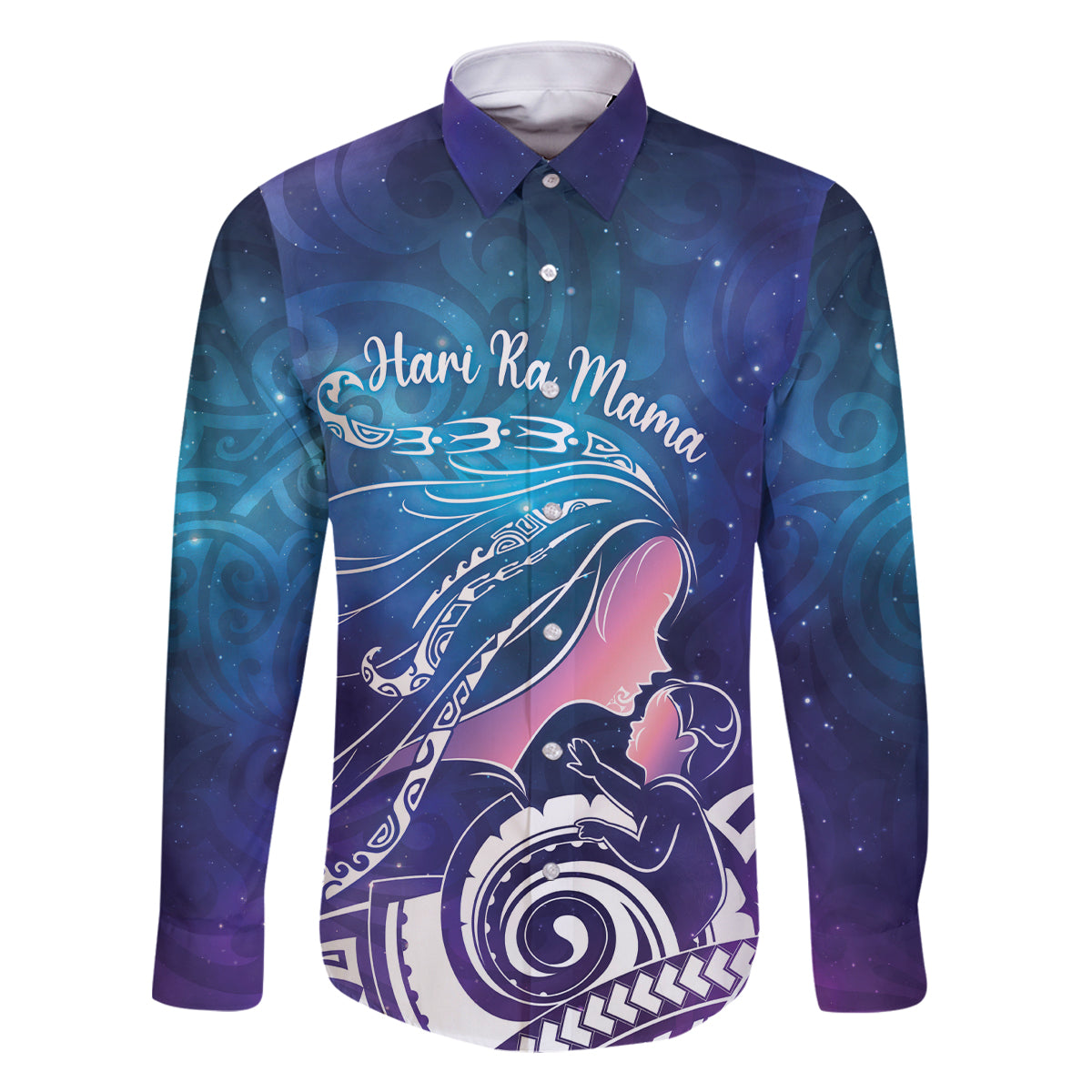 New Zealand Mother's Day Family Matching Off Shoulder Maxi Dress and Hawaiian Shirt Maori Hari Ra Mama LT7 Dad's Shirt - Long Sleeve Galaxy - Polynesian Pride