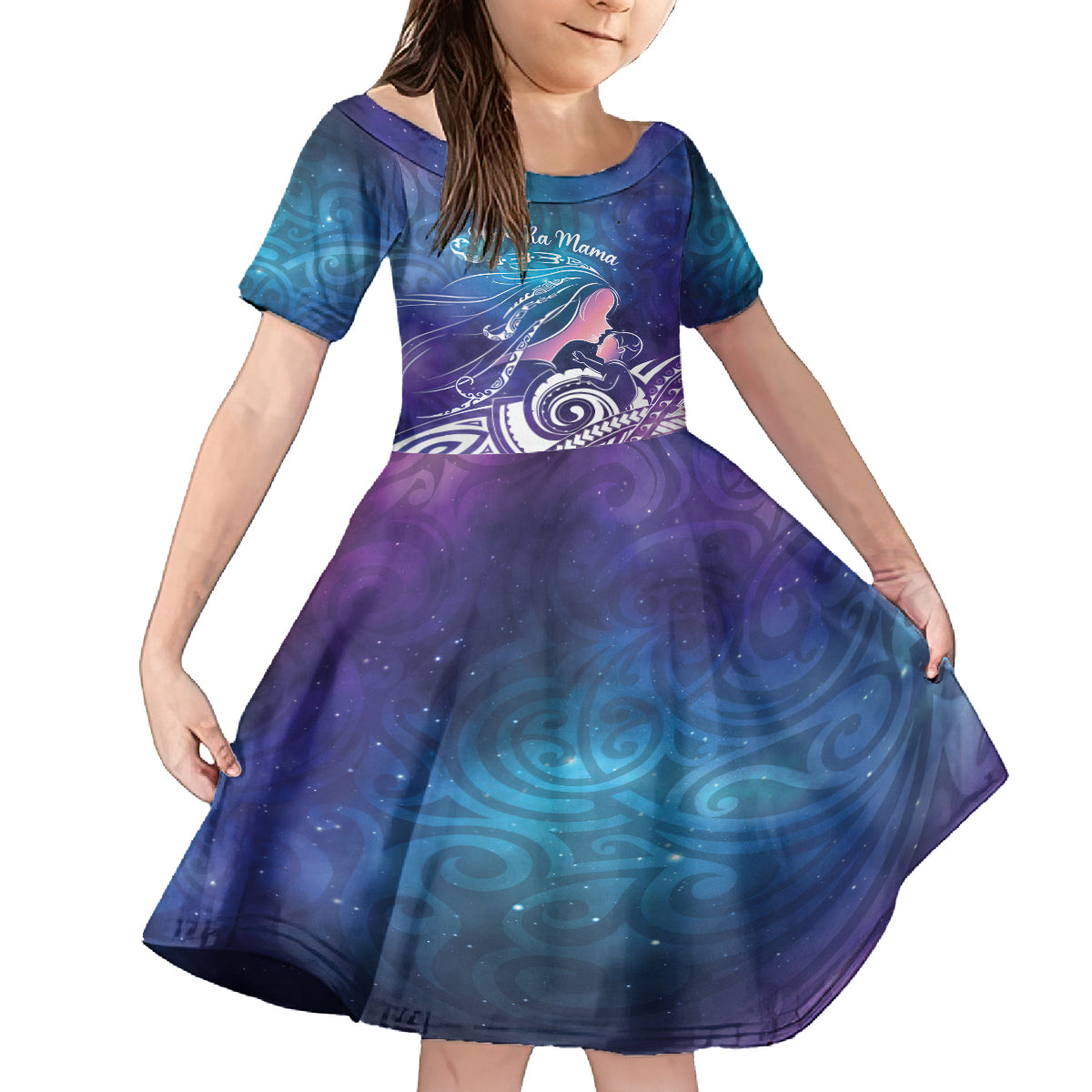 New Zealand Mother's Day Family Matching Off Shoulder Short Dress and Hawaiian Shirt Maori Hari Ra Mama LT7 Daughter's Dress Galaxy - Polynesian Pride