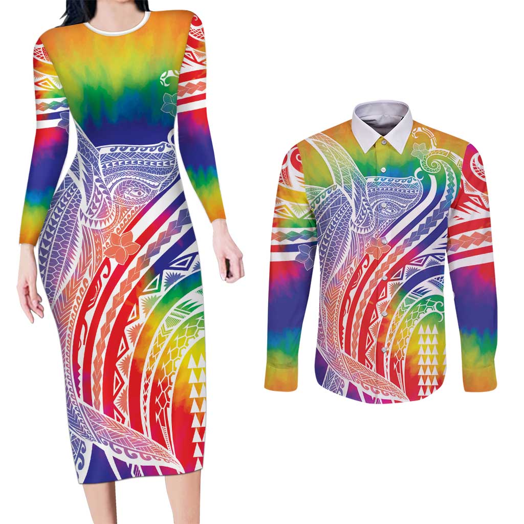 Aloha Pride Rainbow Tie Dye Couples Matching Long Sleeve Bodycon Dress and Long Sleeve Button Shirt Humpback Whale - Love is Love LT7 Colorful - Polynesian Pride