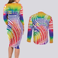 Aloha Pride Rainbow Tie Dye Couples Matching Long Sleeve Bodycon Dress and Long Sleeve Button Shirt Humpback Whale - Love is Love