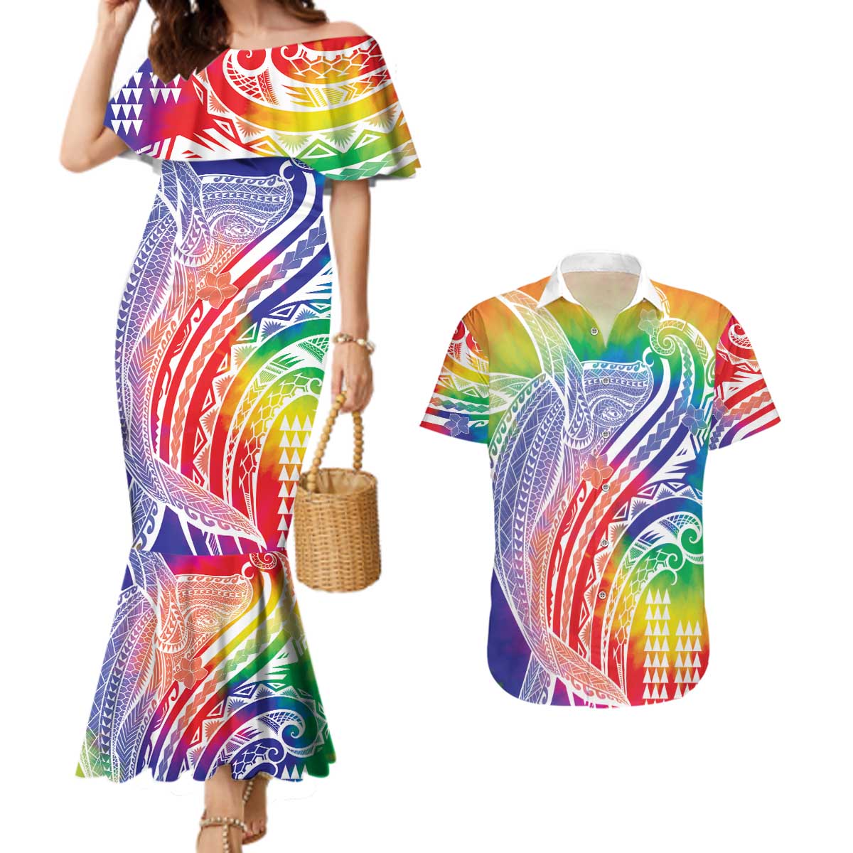 Aloha Pride Rainbow Tie Dye Couples Matching Mermaid Dress and Hawaiian Shirt Humpback Whale - Love is Love