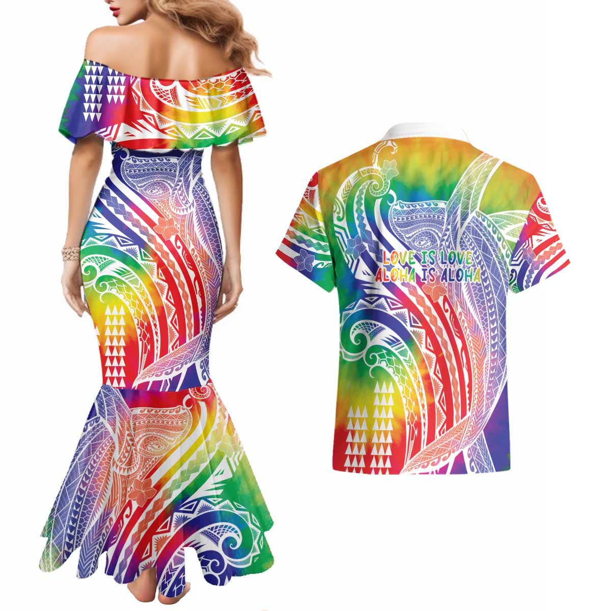 Aloha Pride Rainbow Tie Dye Couples Matching Mermaid Dress and Hawaiian Shirt Humpback Whale - Love is Love