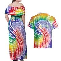 Aloha Pride Rainbow Tie Dye Couples Matching Off Shoulder Maxi Dress and Hawaiian Shirt Humpback Whale - Love is Love