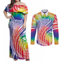Aloha Pride Rainbow Tie Dye Couples Matching Off Shoulder Maxi Dress and Long Sleeve Button Shirt Humpback Whale - Love is Love LT7 Colorful - Polynesian Pride
