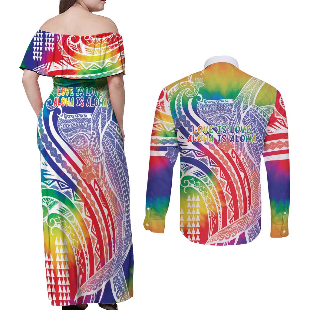 Aloha Pride Rainbow Tie Dye Couples Matching Off Shoulder Maxi Dress and Long Sleeve Button Shirt Humpback Whale - Love is Love LT7 - Polynesian Pride