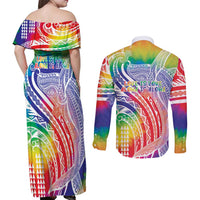 Aloha Pride Rainbow Tie Dye Couples Matching Off Shoulder Maxi Dress and Long Sleeve Button Shirt Humpback Whale - Love is Love LT7 - Polynesian Pride