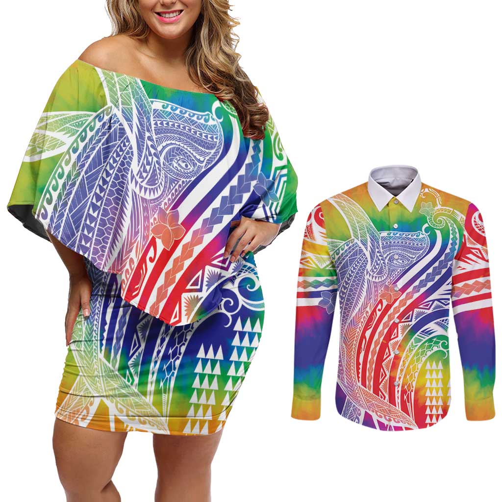 Aloha Pride Rainbow Tie Dye Couples Matching Off Shoulder Short Dress and Long Sleeve Button Shirt Humpback Whale - Love is Love LT7 Colorful - Polynesian Pride