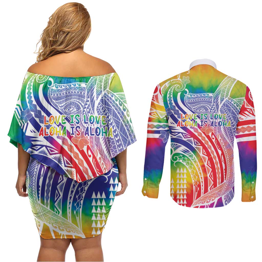 Aloha Pride Rainbow Tie Dye Couples Matching Off Shoulder Short Dress and Long Sleeve Button Shirt Humpback Whale - Love is Love LT7 - Polynesian Pride