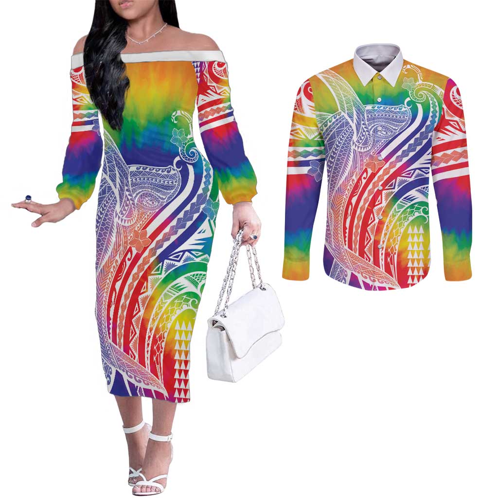 Aloha Pride Rainbow Tie Dye Couples Matching Off The Shoulder Long Sleeve Dress and Long Sleeve Button Shirt Humpback Whale - Love is Love LT7 Colorful - Polynesian Pride