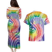 Aloha Pride Rainbow Tie Dye Couples Matching Puletasi and Hawaiian Shirt Humpback Whale - Love is Love