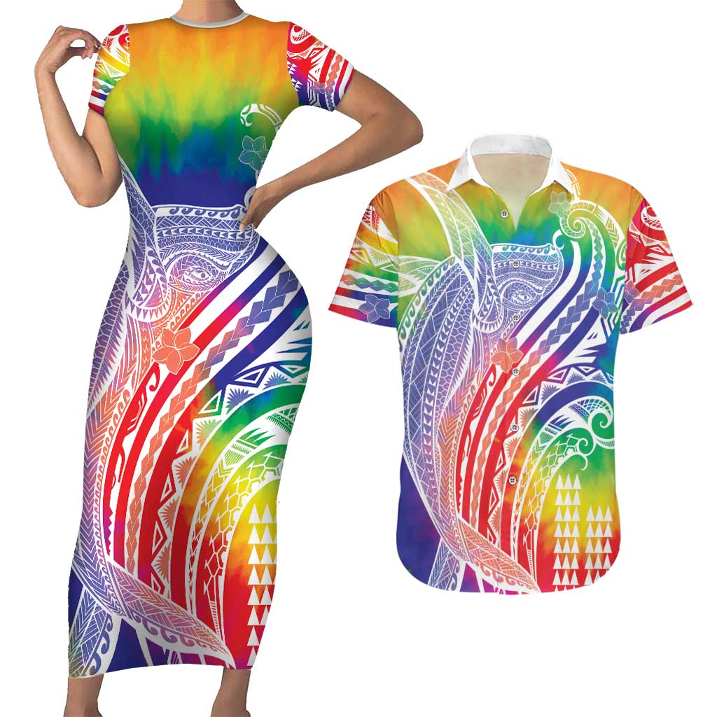 Aloha Pride Rainbow Tie Dye Couples Matching Short Sleeve Bodycon Dress and Hawaiian Shirt Humpback Whale - Love is Love