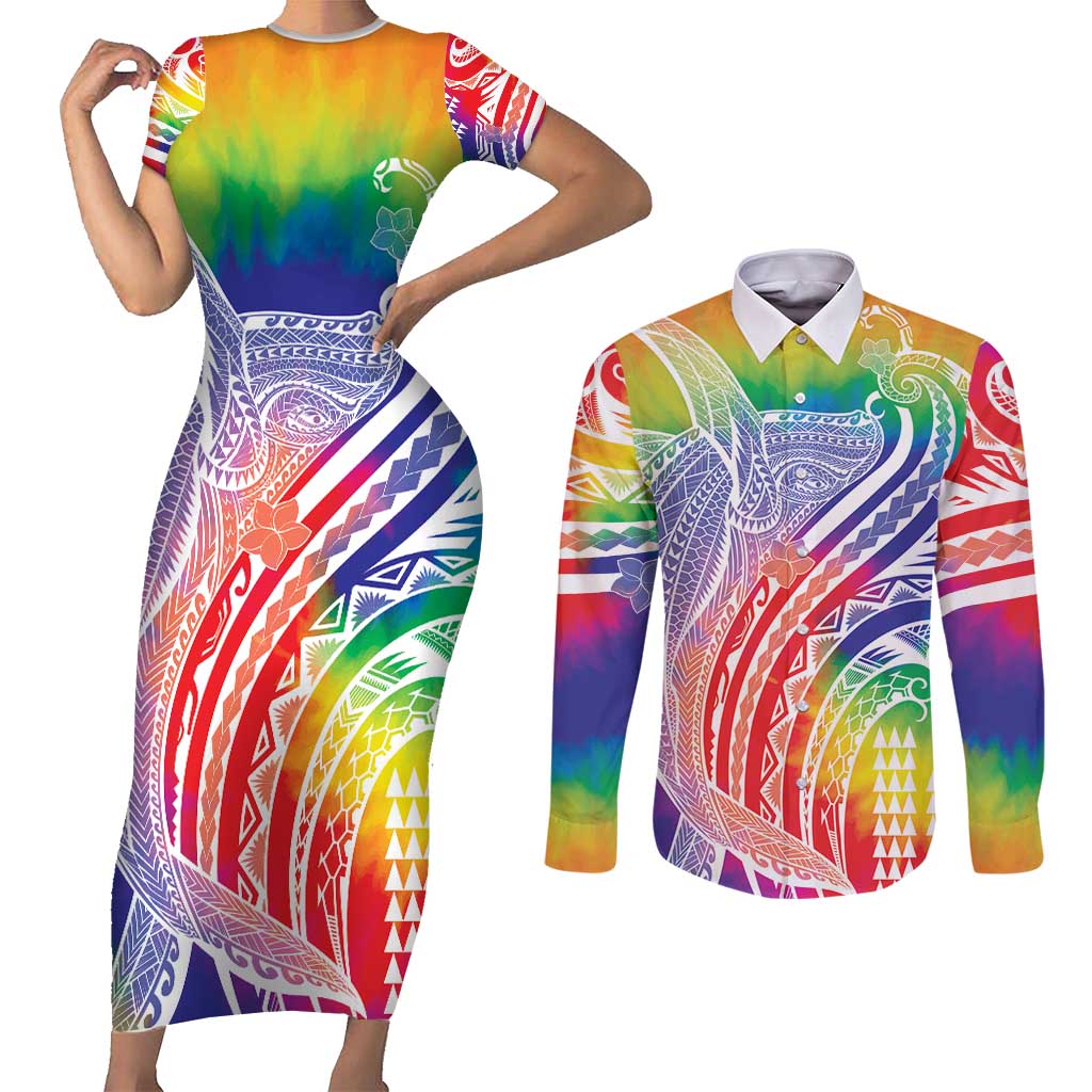 Aloha Pride Rainbow Tie Dye Couples Matching Short Sleeve Bodycon Dress and Long Sleeve Button Shirt Humpback Whale - Love is Love LT7 Colorful - Polynesian Pride