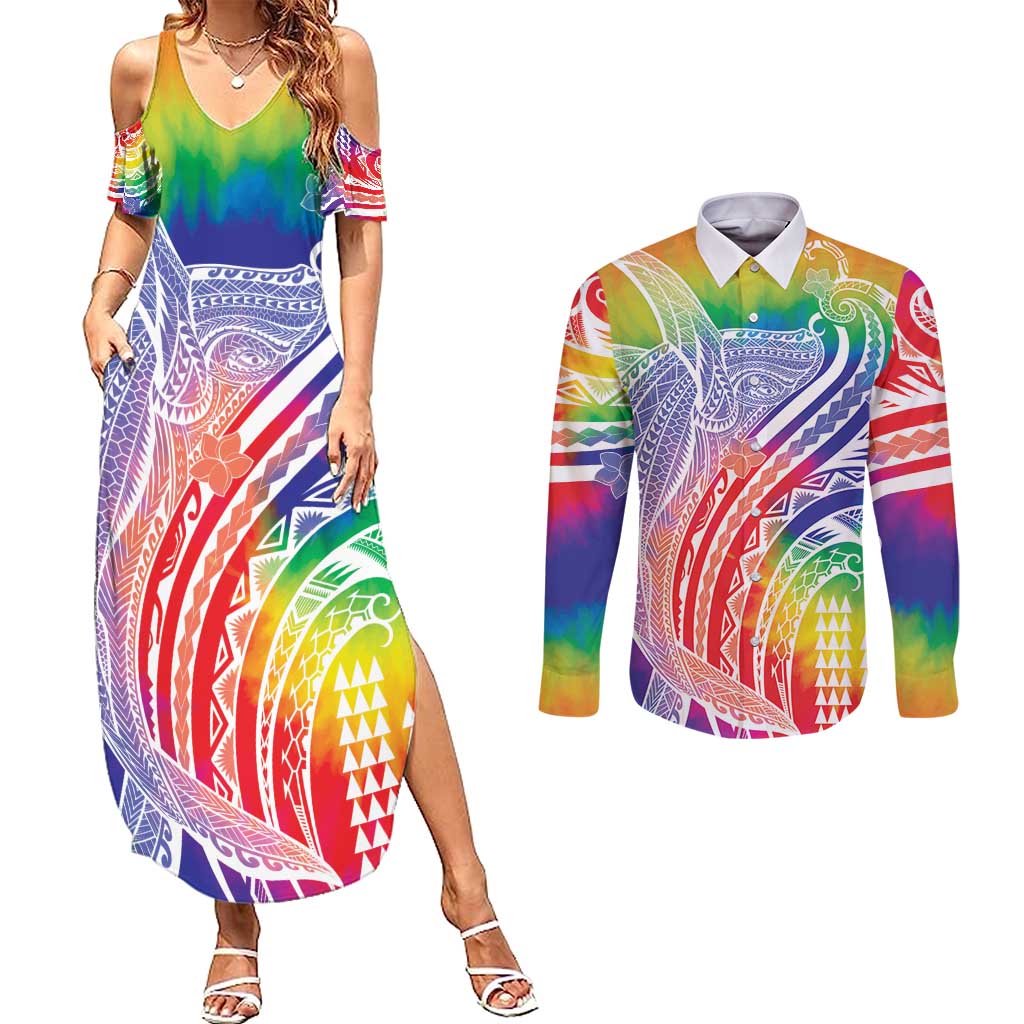 Aloha Pride Rainbow Tie Dye Couples Matching Summer Maxi Dress and Long Sleeve Button Shirt Humpback Whale - Love is Love LT7 Colorful - Polynesian Pride