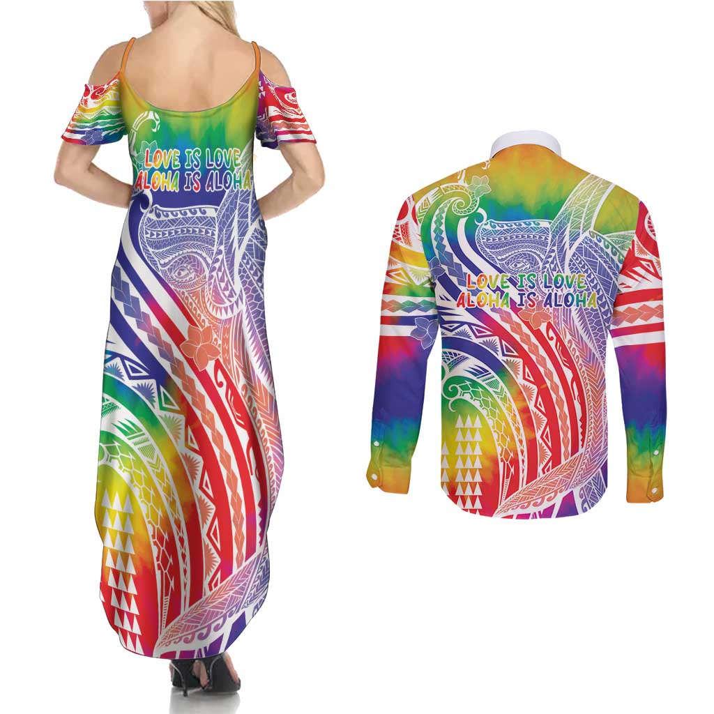 Aloha Pride Rainbow Tie Dye Couples Matching Summer Maxi Dress and Long Sleeve Button Shirt Humpback Whale - Love is Love LT7 - Polynesian Pride