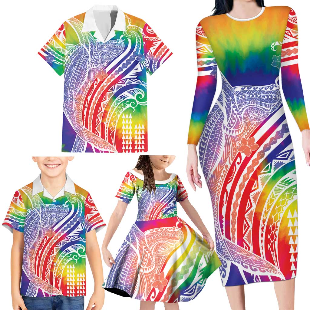 Aloha Pride Rainbow Tie Dye Family Matching Long Sleeve Bodycon Dress and Hawaiian Shirt Humpback Whale - Love is Love