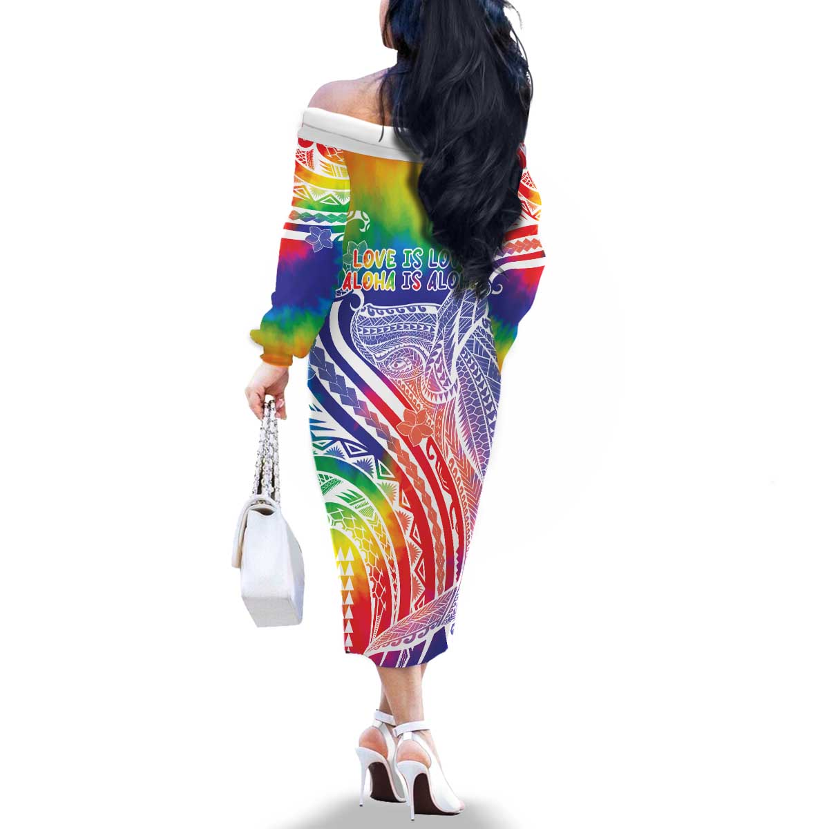 Aloha Pride Rainbow Tie Dye Family Matching Off The Shoulder Long Sleeve Dress and Hawaiian Shirt Humpback Whale - Love is Love