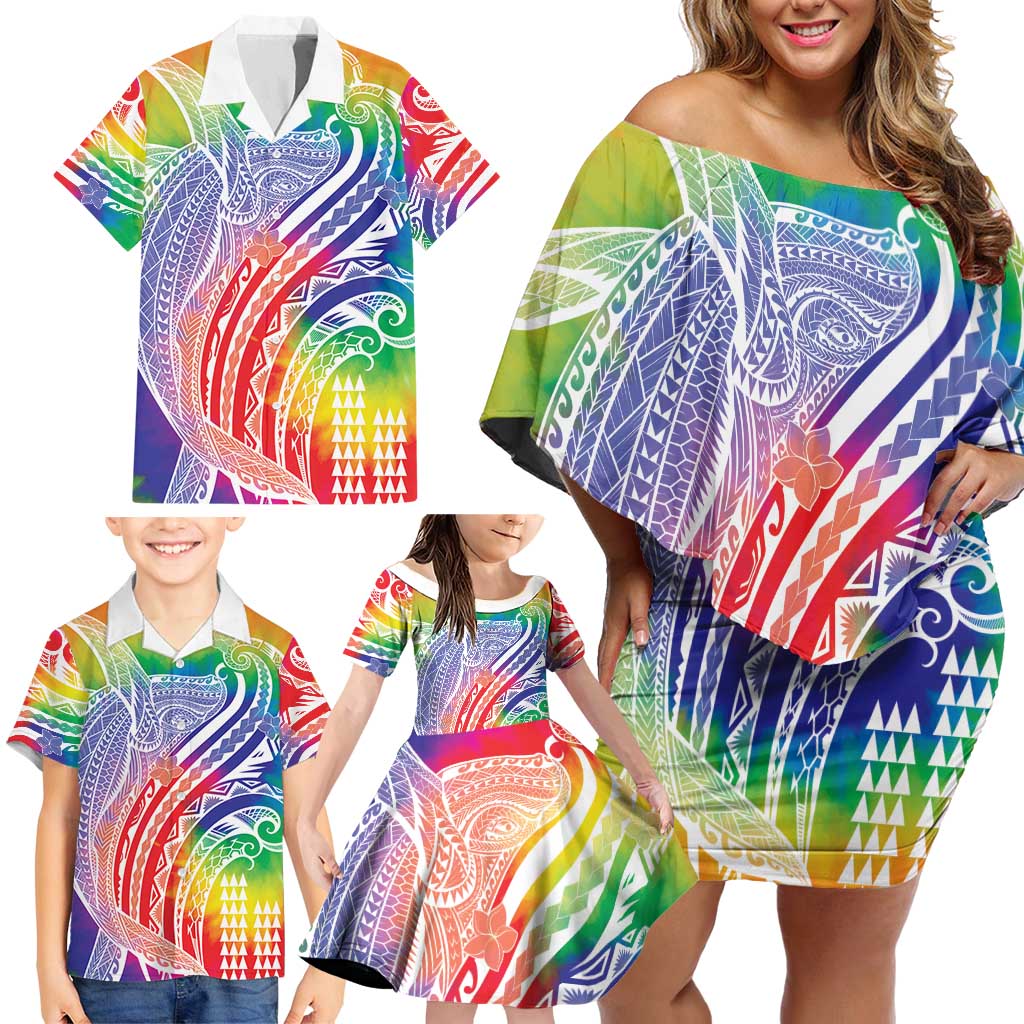Aloha Pride Rainbow Tie Dye Family Matching Off Shoulder Short Dress and Hawaiian Shirt Humpback Whale - Love is Love