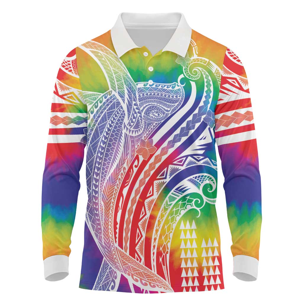 Aloha Pride Rainbow Tie Dye Long Sleeve Polo Shirt Humpback Whale - Love is Love LT7 Colorful - Polynesian Pride