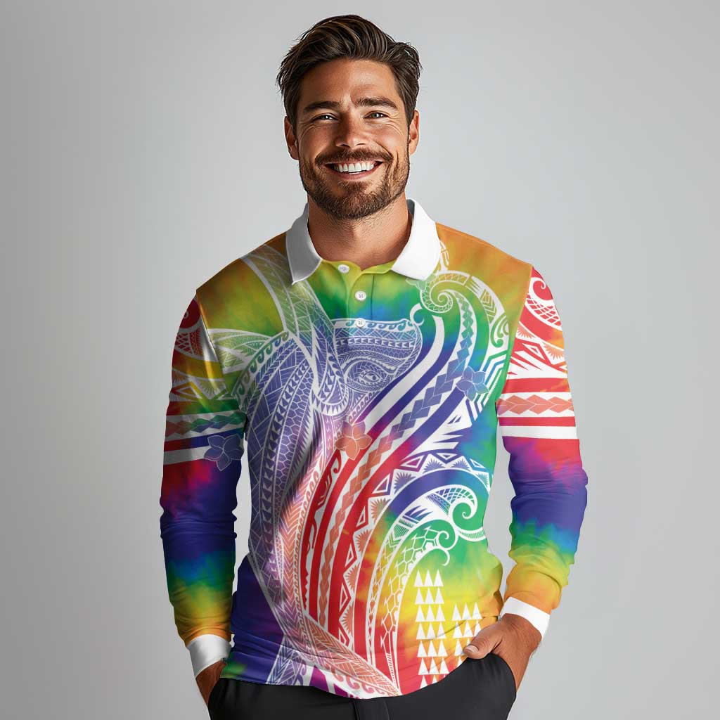 Aloha Pride Rainbow Tie Dye Long Sleeve Polo Shirt Humpback Whale - Love is Love LT7 - Polynesian Pride