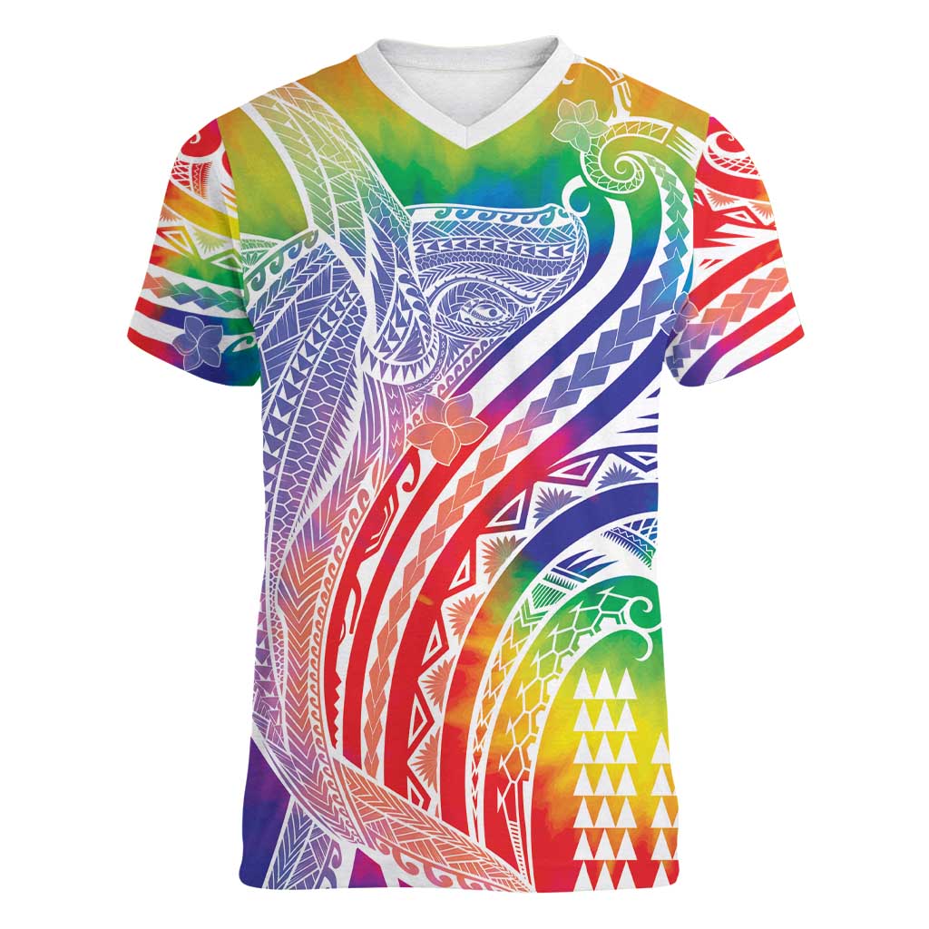 Aloha Pride Rainbow Tie Dye Women V-Neck T-Shirt Humpback Whale - Love is Love LT7 Female Colorful - Polynesian Pride