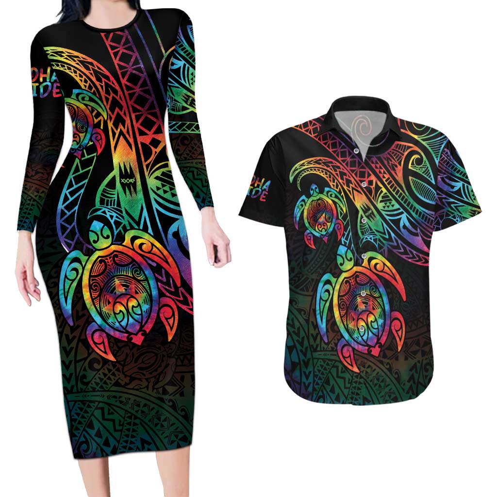 Hawaii Pride Couples Matching Long Sleeve Bodycon Dress and Hawaiian Shirt Rainbow Swirls LT7 Colorful - Polynesian Pride