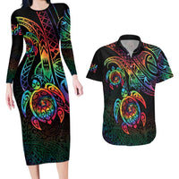 Hawaii Pride Couples Matching Long Sleeve Bodycon Dress and Hawaiian Shirt Rainbow Swirls LT7 Colorful - Polynesian Pride