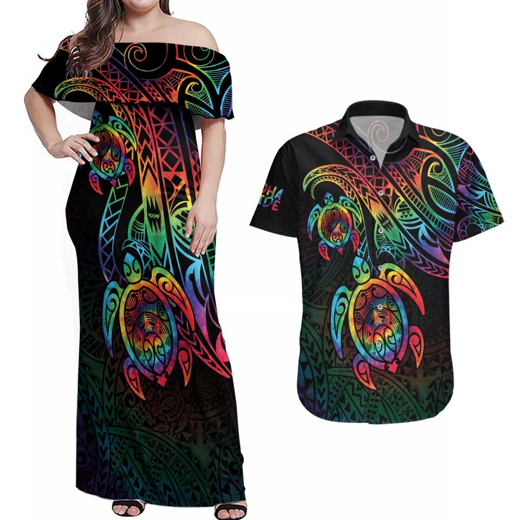 Hawaii Pride Couples Matching Off Shoulder Maxi Dress and Hawaiian Shirt Rainbow Swirls LT7 Colorful - Polynesian Pride