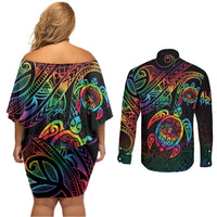 Hawaii Pride Couples Matching Off Shoulder Short Dress and Long Sleeve Button Shirt Rainbow Swirls LT7 - Polynesian Pride