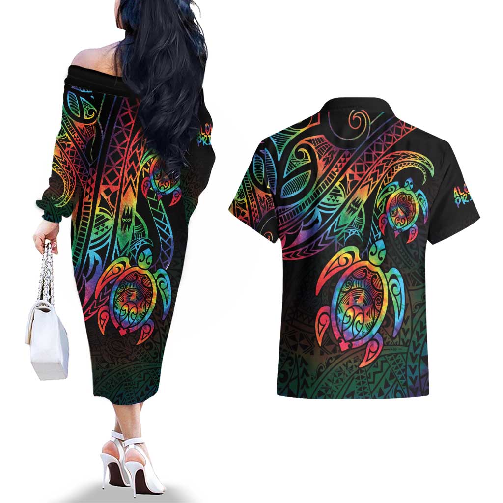 Hawaii Pride Couples Matching Off The Shoulder Long Sleeve Dress and Hawaiian Shirt Rainbow Swirls